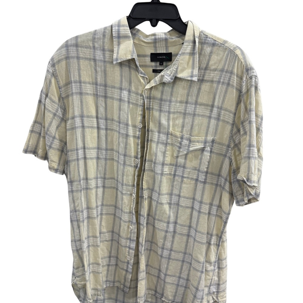 Vince Beige & Gray Plaid Short Sleeve Button-Down – Size L